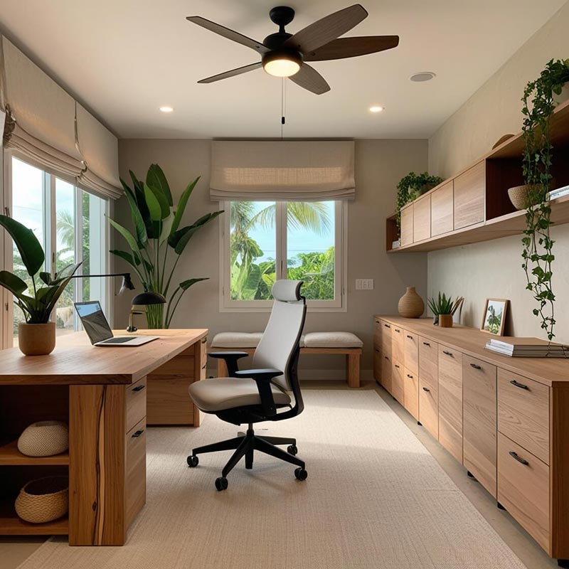 Modern tropical home office design with natural lighting and ergonomic furniture for a Philippine home